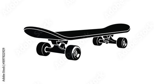 A minimalist black and white illustration depicts a skateboard showcasing its deck trucks and wheels high quality professional