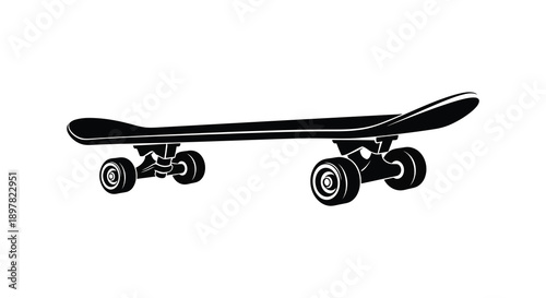 A minimalist black silhouette depicts a standard skateboard with visible deck trucks and wheels high quality professional detailed