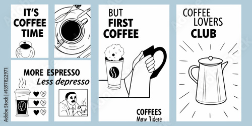 Coffee themed illustrations with playful typography and graphic elements