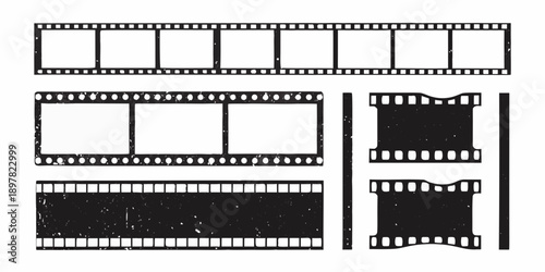 Black and white filmstrip illustrations with varying frame arrangements