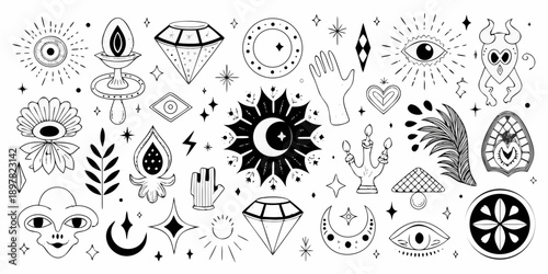 Mystical hand drawn illustrations celestial spiritual and occult symbols