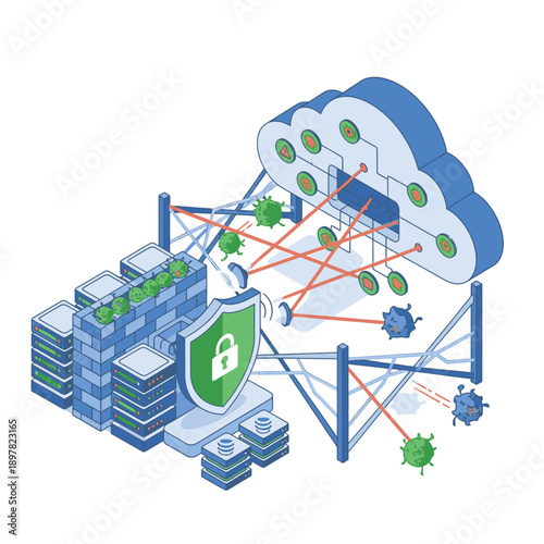 Cloud Data Security and Protection Concept with Servers and Shield.