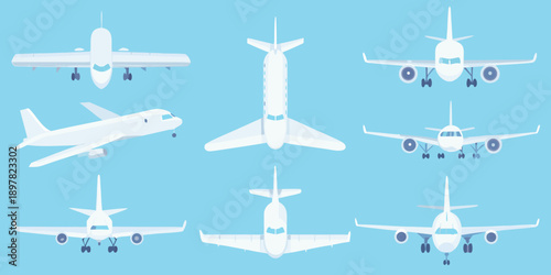 Airplane illustrations in various views and perspectives on a blue background