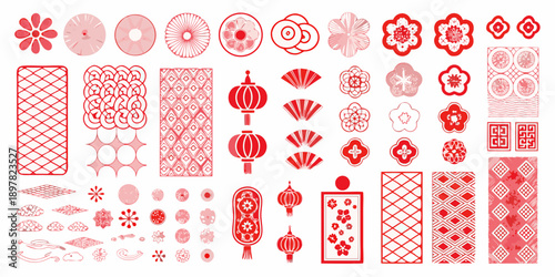 Collection of intricate red chinese new year decorative elements