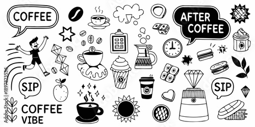 Coffee themed doodles and illustrations in black and white