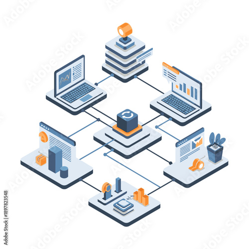 Isometric illustration of interconnected devices and data storage.