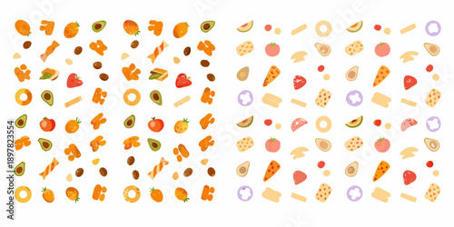 Colorful assortment of food icons including fruits pizza and snacks