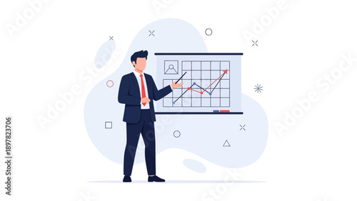 Businessman presenting financial growth chart on whiteboard with upward trend