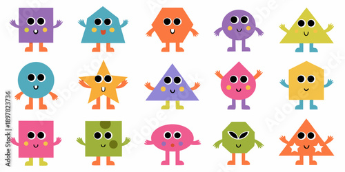 Colorful cartoon shapes with faces and legs arranged in a grid pattern