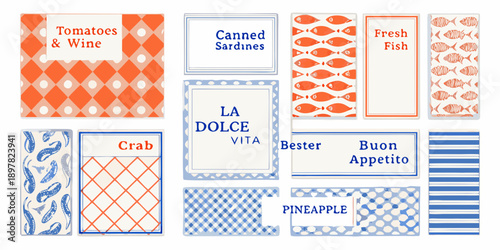 Assorted vintage food labels with varied designs and culinary themes