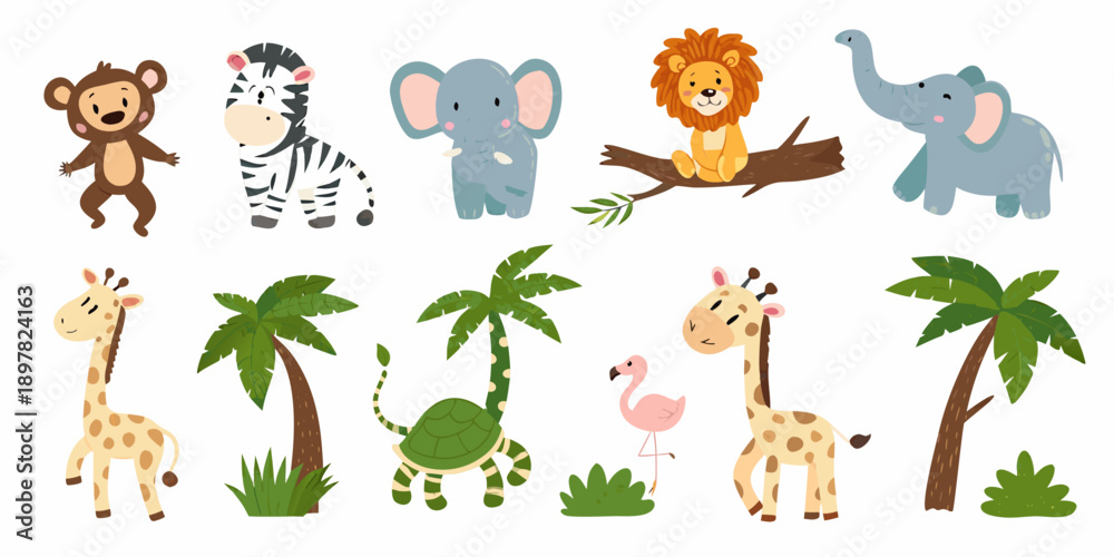 Fototapeta premium A colorful cartoon illustration of various african animals and tropical plants