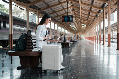 A young woman uses her laptop at a train station, symbolizing modern travel and remote work culture.