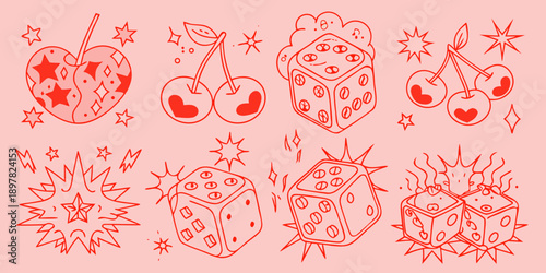 Red line art illustration of hearts cherries dice and starbursts