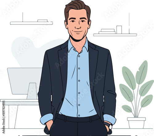 A cheerful male CEO in a navy suit stands confidently with hands in pockets in a modern office setting with a computer and plant.