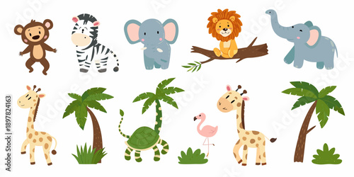 A colorful cartoon illustration of various african animals and tropical plants