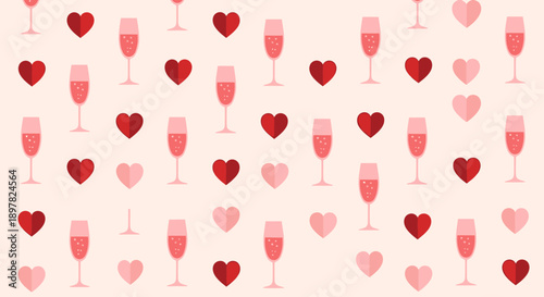 Valentine's Day celebration background with hearts and champagne glasses.