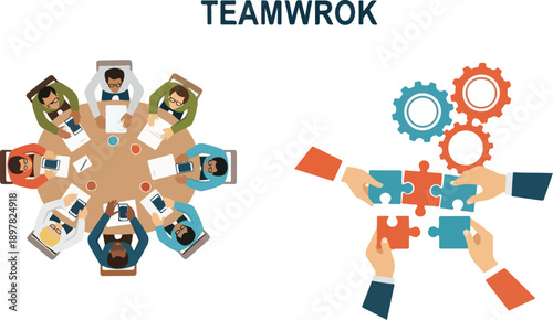 Flat lay illustration of diverse businesspeople's hands assembling puzzle pieces and gears, symbolizing teamwork and collaboration for a CEO in a modern office setting with a professional