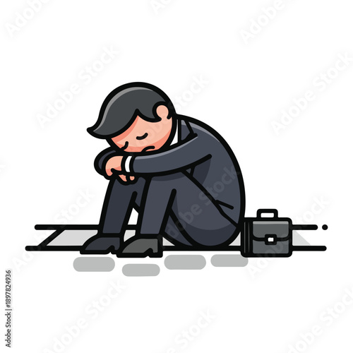 A man in a suit sits on the ground with his head down