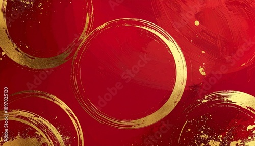 Abstract Happy Chinese New Year background, circular gold brush strokes on rich red background, minimal Asian inspired design, elegant festive atmosphere, high resolution