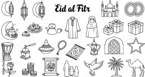 Eid al Fitr Islamic Line Art Icons: Mosque, Lanterns, Gifts, Camel, Dates, Coffee Pot, Prayer Mat, Traditional Clothing, Calligraphy