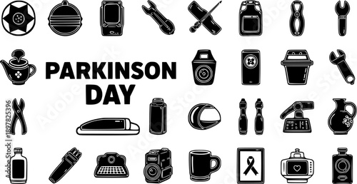 Parkinson's Day Icons, Black and White Line Art of Medical and Daily Life Objects Symbolizing Awareness