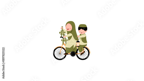 A Muslim mother wearing a green outfit riding a bicycle with her young son, while holding a lantern and traditional decorations.