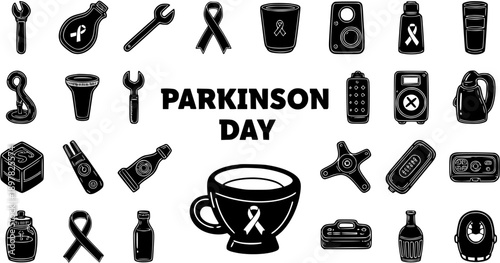 Parkinson's Disease Awareness Day Glyph Icons Set: Medical Health Black and White Symbols and Objects Collection, Vector Illustration