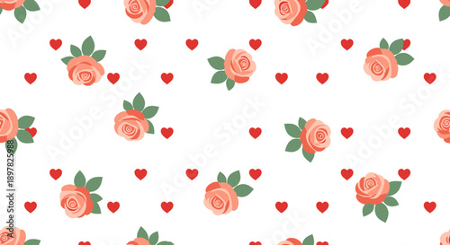 Whimsical floral pattern with roses and hearts.