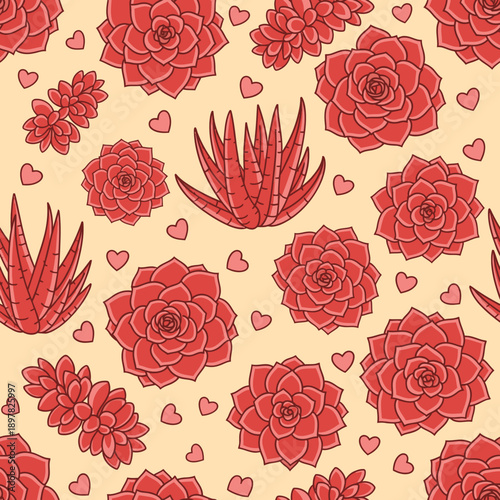 A vibrant floral pattern with red succulents and hearts on a beige background.