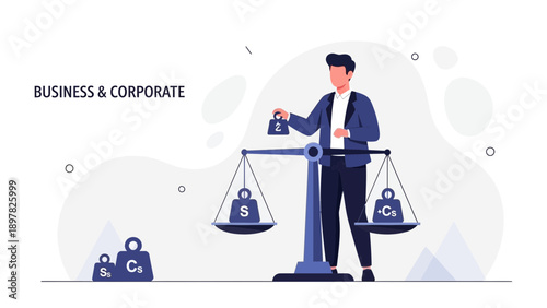 Businessman balancing scales with currency symbols and weights