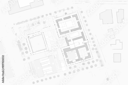 Architectural plan depicting buildings and outdoor spaces in grayscale
