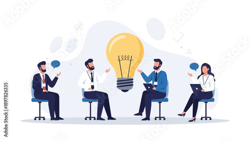 Business team brainstorming around a glowing lightbulb for new ideas.