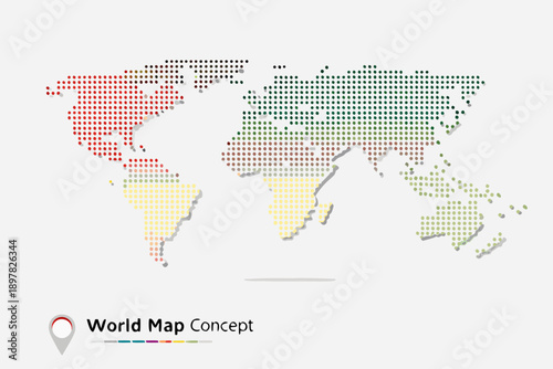 Stylized world map composed of colorful dotted pixels on a white background