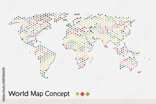 A world map illustration composed of colorful dotted points on a white background