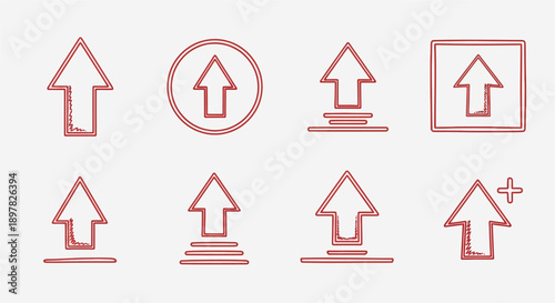 A collection of eight distinct red outline up arrow icons, depicting various upload, move, and directional concepts on a white background.