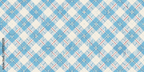 A repeating gingham pattern with light blue and white squares accented with red