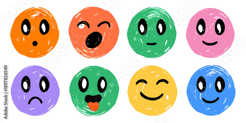 Colorful hand drawn faces with varying expressions against a black backdrop