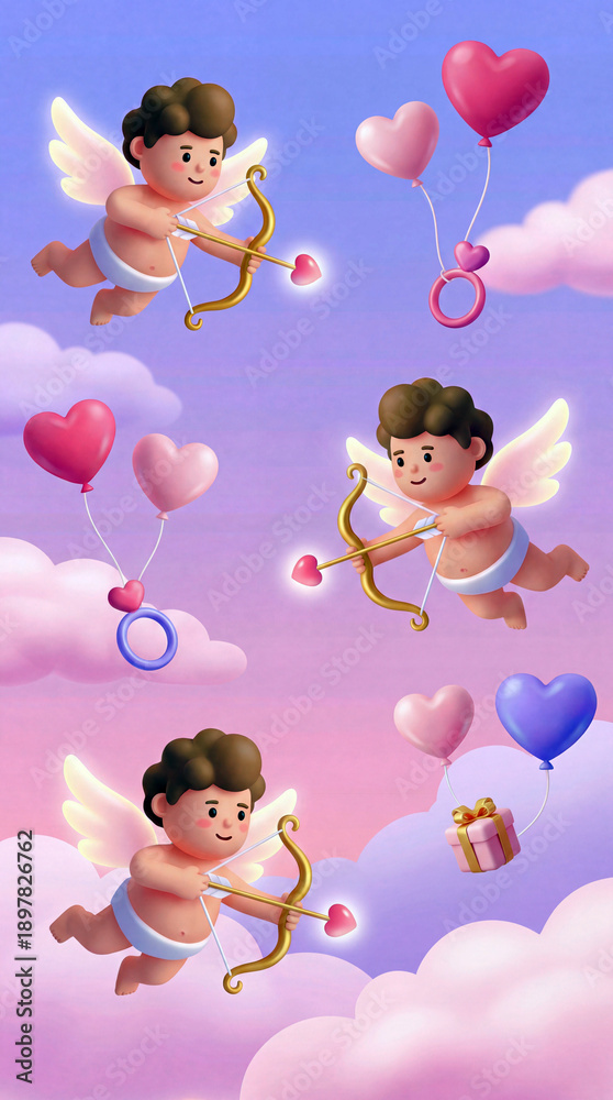 Naklejka premium Cupid's Realm: Playful cupids float in a dreamy pastel sky, each poised with bow and arrow, amidst heart-shaped balloons and rings, symbolizing love and affection. 