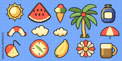 Pixel art collection of summer themed icons on a blue background