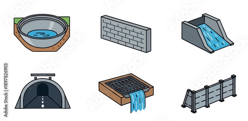Essential water infrastructure and civil engineering elements including a storage basin, wall, dam, tunnel, drain, and flood barrier, perfect for environmental planning, construction, and
