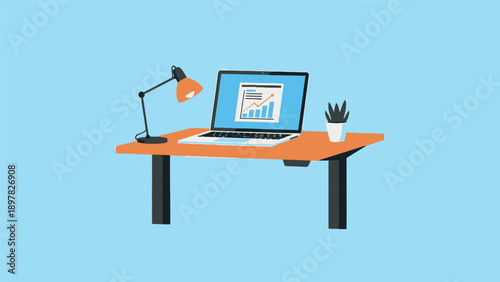 Modern workspace featuring a laptop displaying growth charts, an adjustable desk lamp, and a potted plant for productive work from home or office environments