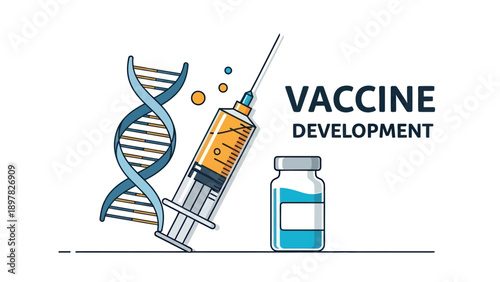 Crucial scientific advancements in vaccine development featuring DNA, syringe, and medicine vial for educational content, biotechnology research, and global healthcare initiatives.