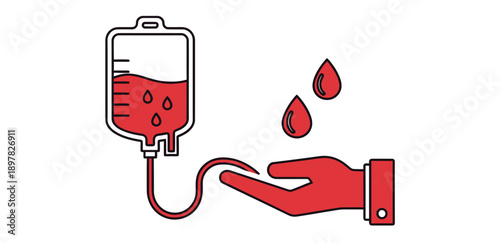 This medical visual represents blood donation and transfusion with a full blood bag connected to an open hand, suitable for healthcare campaigns, awareness posters, and charity promotions.