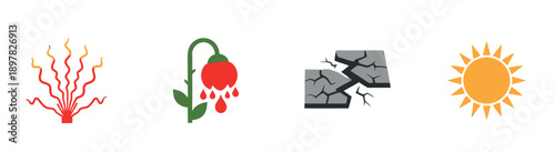 Comprehensive set of symbolic graphic icons depicting concepts such as inflammation, emotional pain, ecological drought, and the sun, suitable for use in educational resources, health