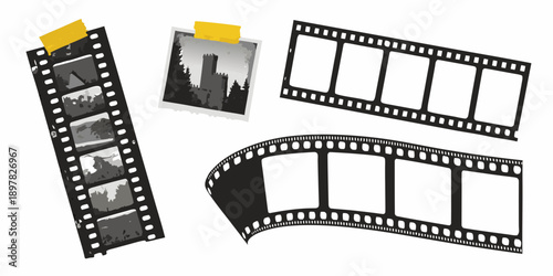 Film strips and photographs taped onto a white background