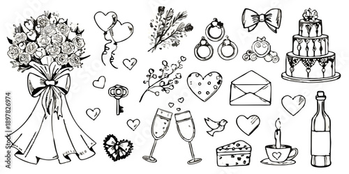 Elegant wedding elements bouquet cake jewelry and champagne sketches