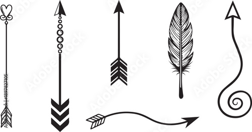 Diverse collection of hand-drawn boho arrows and a stylized feather design