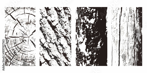 Four vertical panels displaying various textures of tree bark and wood