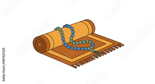 Traditional rolled prayer rug with blue and green tasbih beads for islamic worship practices isolated on white background for ramadan kareem and religious education materials
