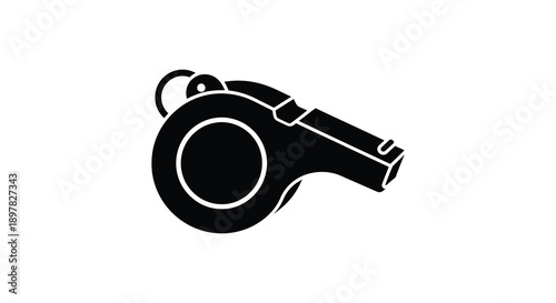 A stark black and white silhouette depicts a classic sports whistle signaling authority and clear communication high quality professional detailed